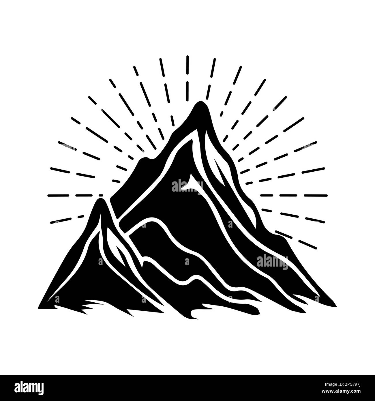 Mountain icon. Black silhouette of mountains with sun rays. Vector