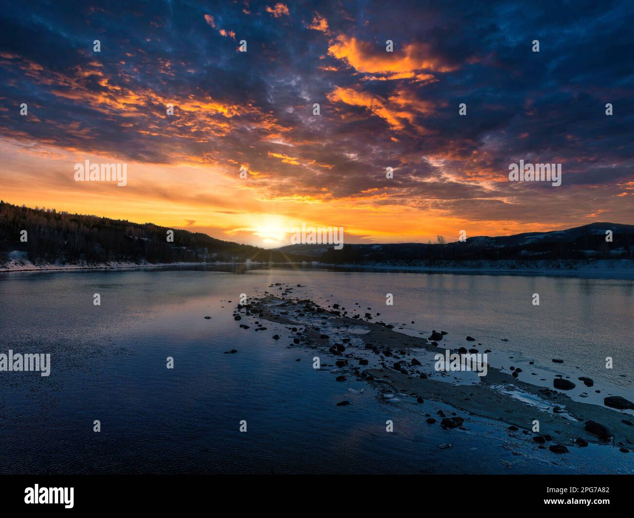 A landscape of the River Glomma during the sunrise in Norway Stock Photo