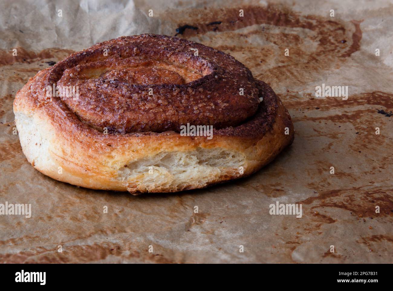 side view of homemade cinnamon bun on sheet of baking paper. Stock Photo