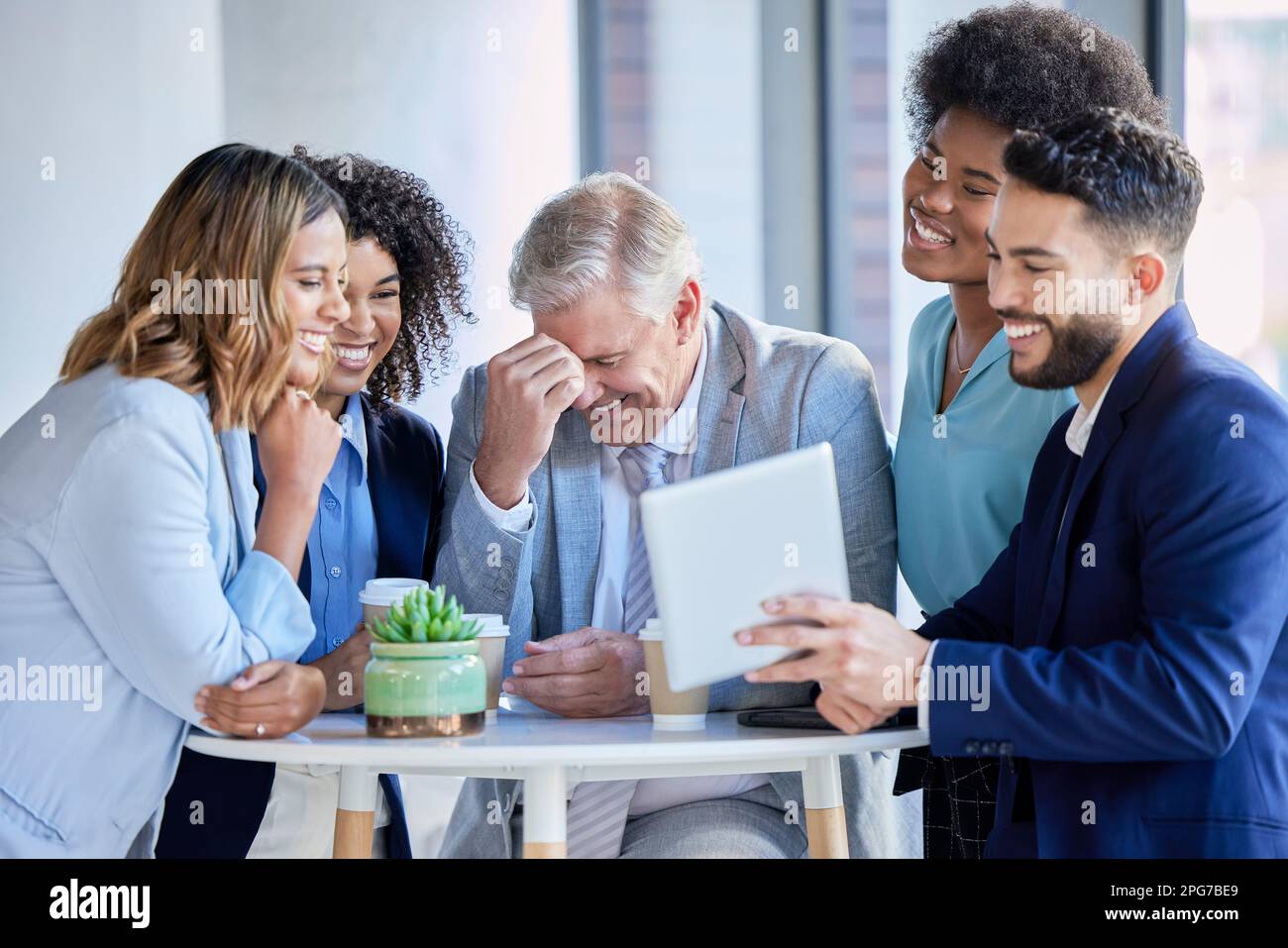 Business people, tablet and laughing for funny joke, meme or social media post together at