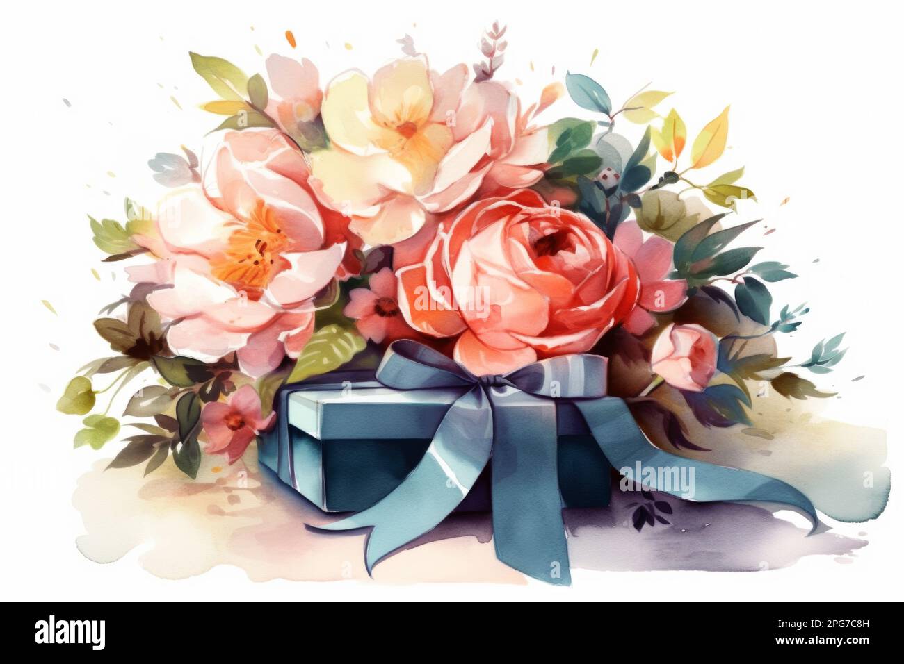 Bouquet of various flowers lies on a festive box with a satin ribbon, on a  light background. Festive composition for Mother's Day, birthday, wedding  Stock Photo - Alamy