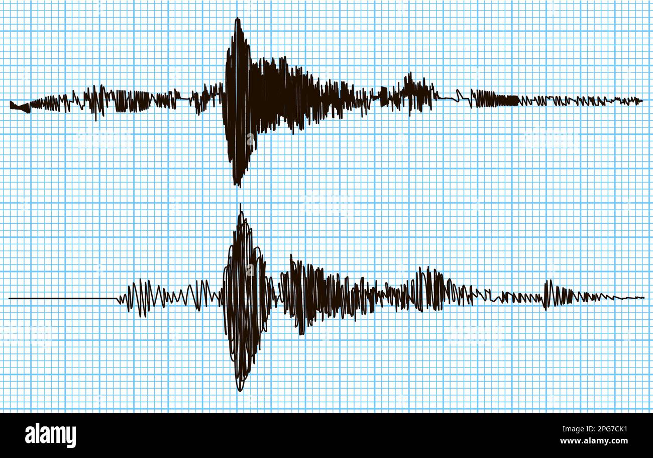Double seismogram of seismic activity or lie detector record on blue chart paper. Earthquake audio wave diagram. Ground motion, volcano eruption. Poly Stock Vector