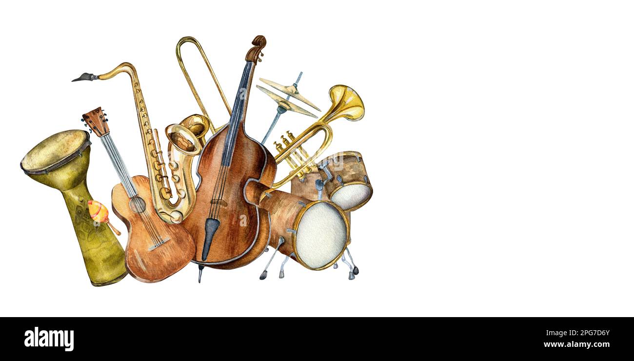 Composition of guitar, saxophone, contrabass musical instruments watercolor illustration isolated. Jazz musical instruments, drum kit hand drawn. Desi Stock Photo