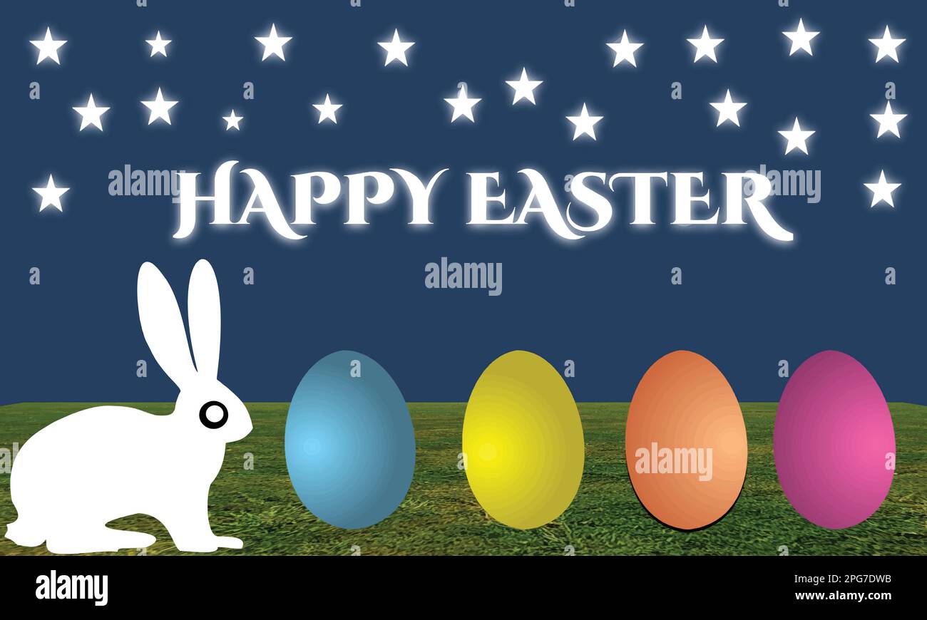 Easter bunny and colored eggs on a background of the starry sky Stock Vector