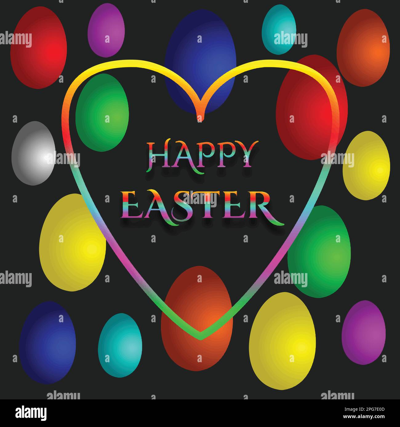 Happy Easter Greeting Card. Colorful Easter eggs with heart on black background. Stock Vector