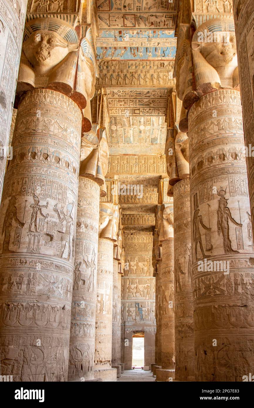 Columns and Ceiling in Temple of Hathor, Dendera, Egypt Stock Photo