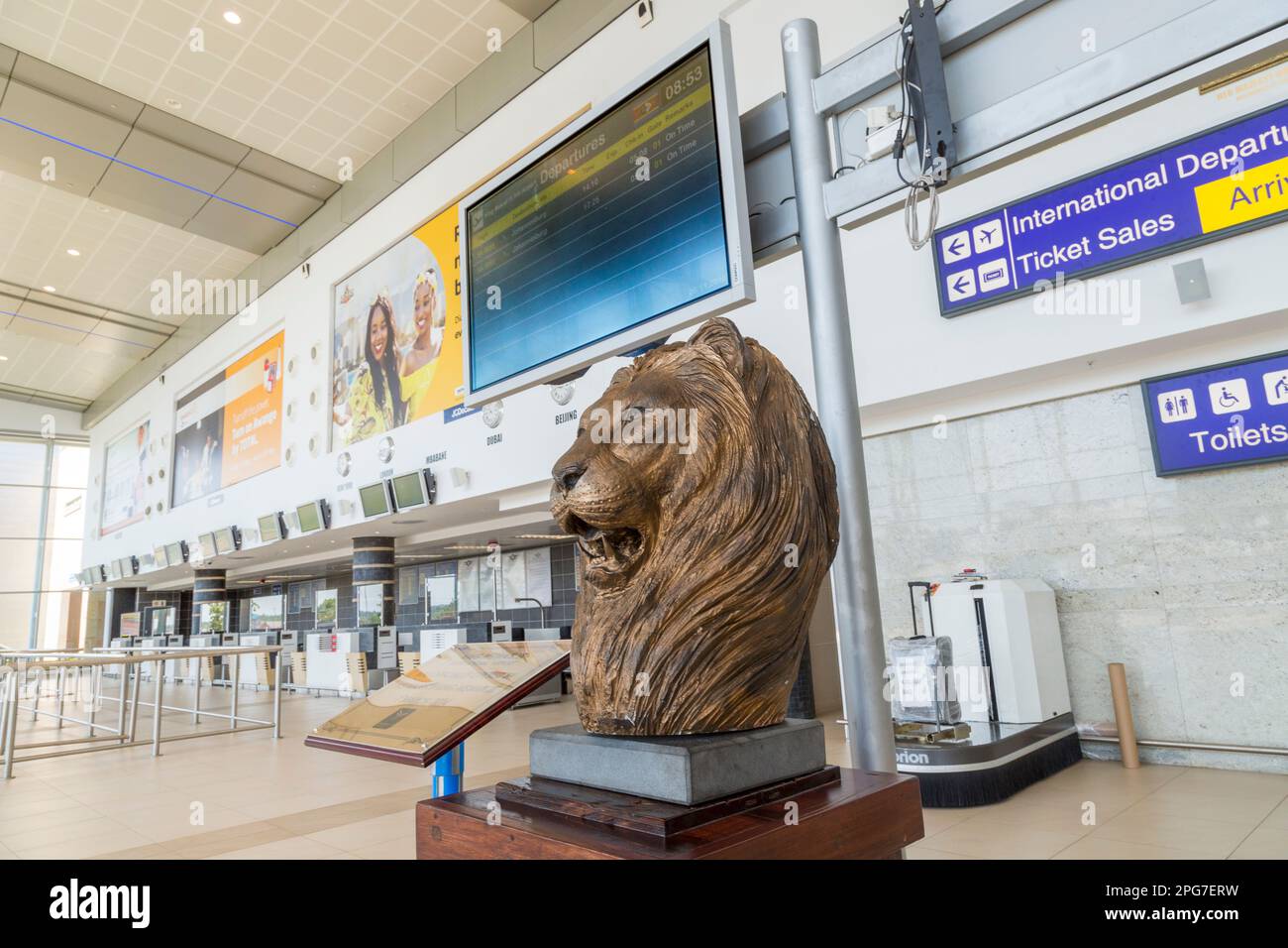 Sculpture of a male lion in the interior of the King Mswati III International airport terminal building Stock Photo