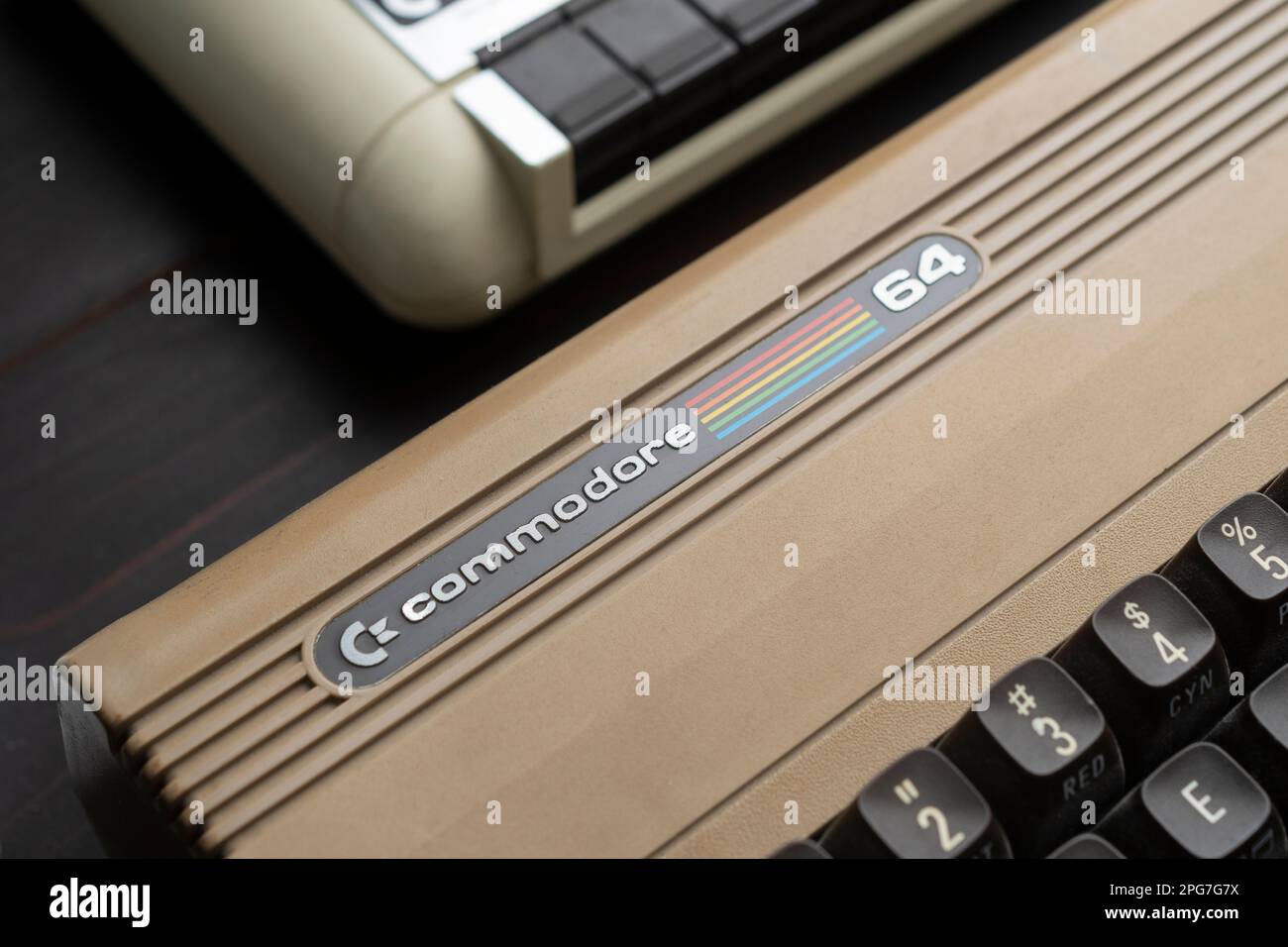 Carrara, Italy - March 21, 2023 - Detail of a Commodore 64 computer from the 1980s Stock Photo