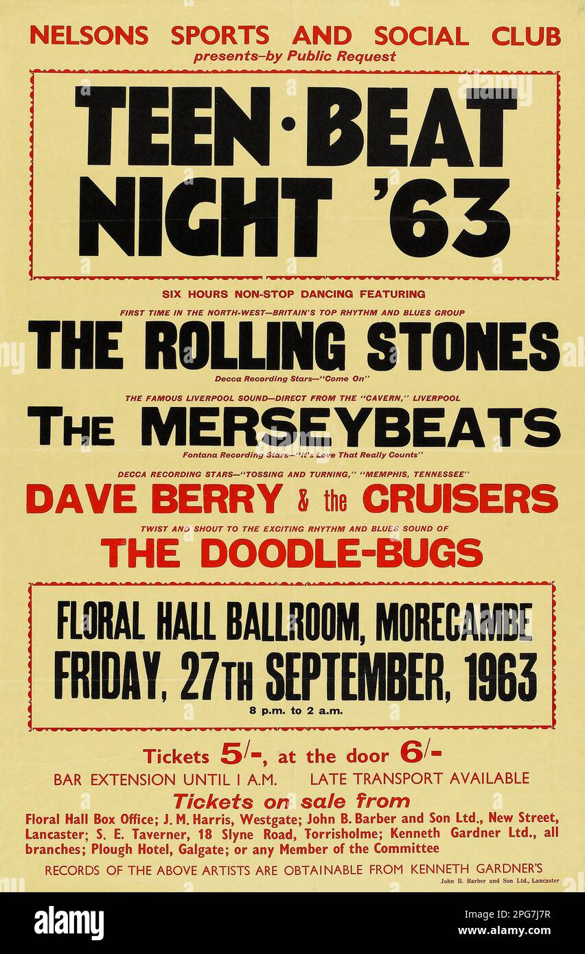 Nelson Sports and Social Club presents The Rolling Stones, Teen Beat Night '63 Floral Hall Ballroom Concert Poster (September 27 1963) Stock Photo