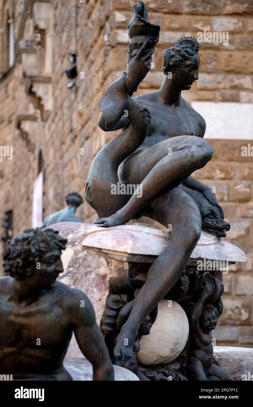 The Fountain of Neptune by artist Bartolomeo Ammannati in the Pizza della Signoria, near the Palazzo Vecchio, in Florence, Italy Stock Photo