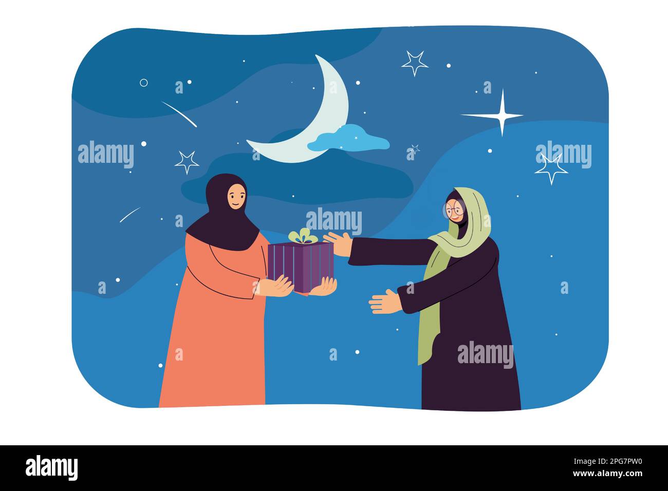 Female Muslim character giving present to mother or friend Stock Vector