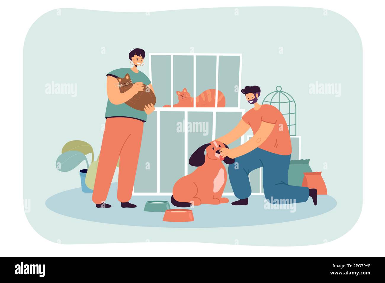 Cartoon volunteers adopting homeless cat and dog from shelter Stock