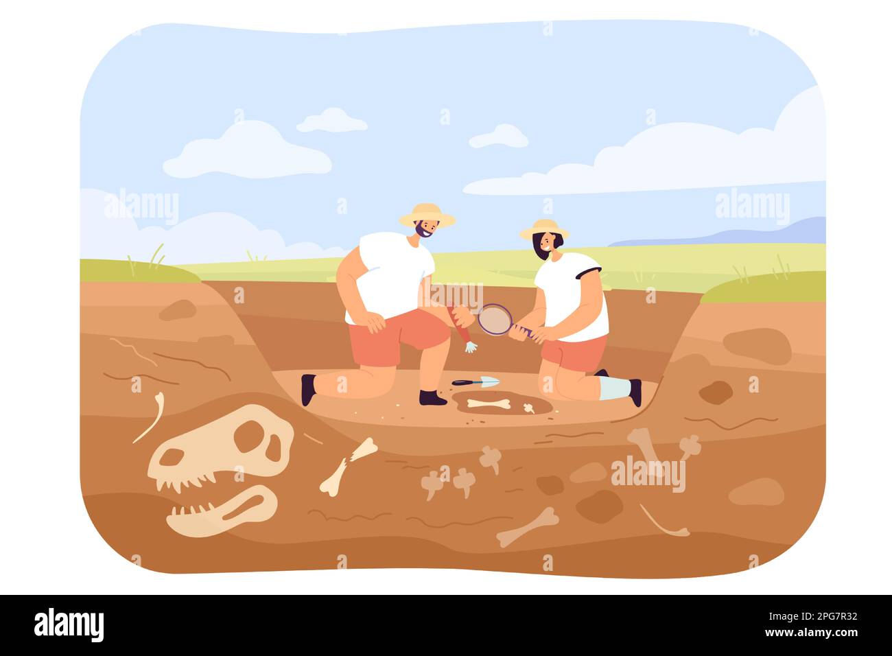 Cartoon archaeologists discovering dinosaur fossils in ground Stock