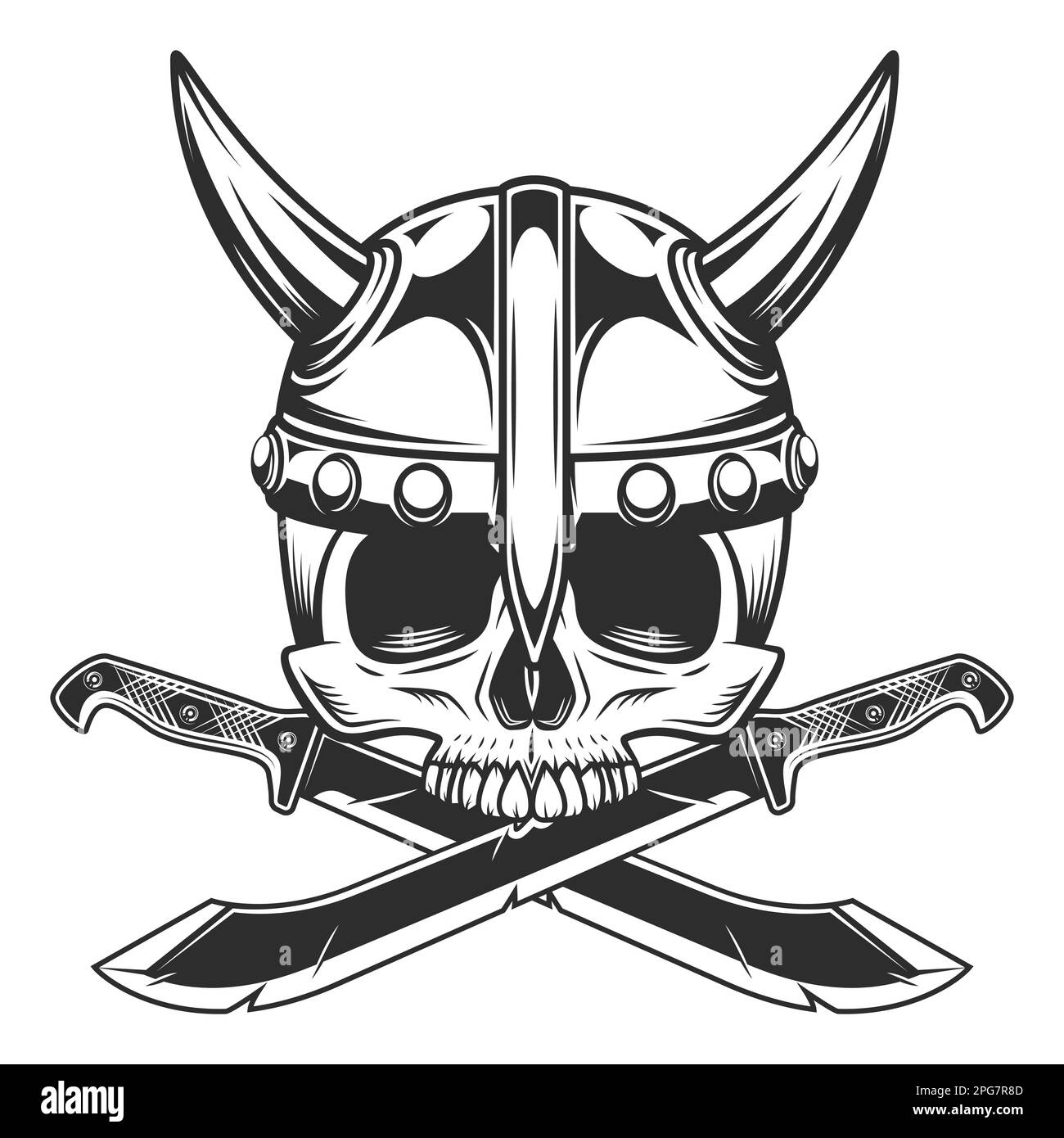 Viking skull in horned helmet without jaw with crossed machete sharp