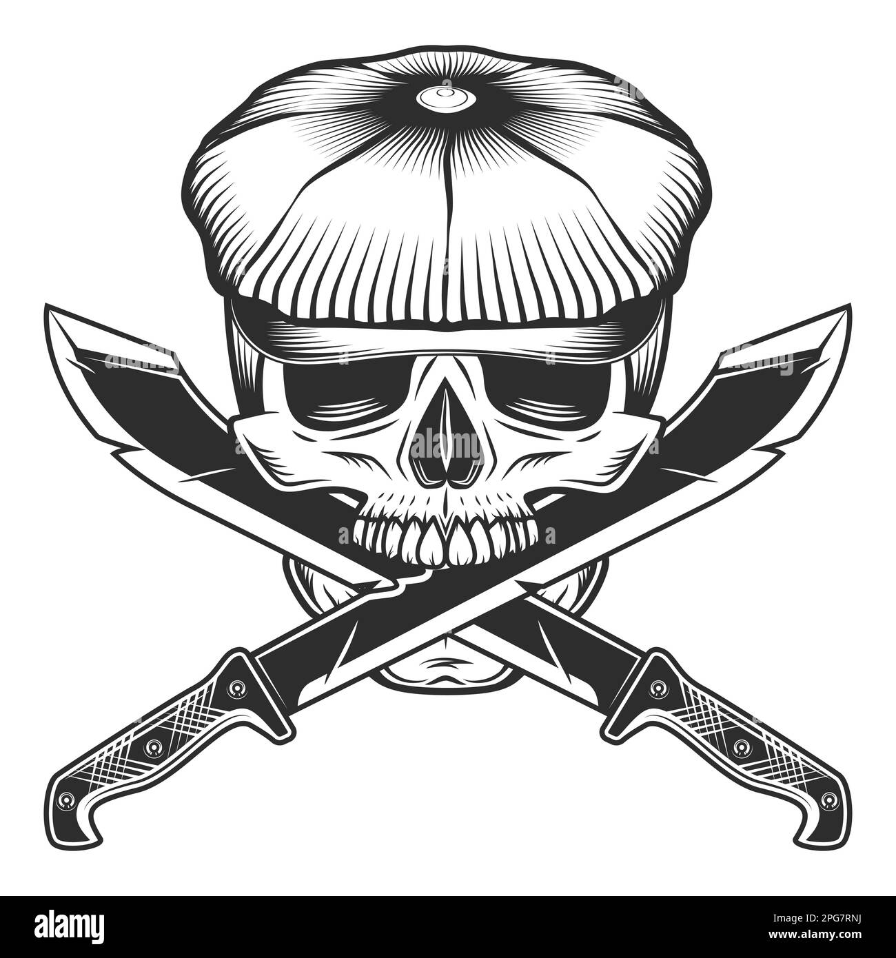 Skull in flat cap and machete sharp knife melee weapon of hunter in ...