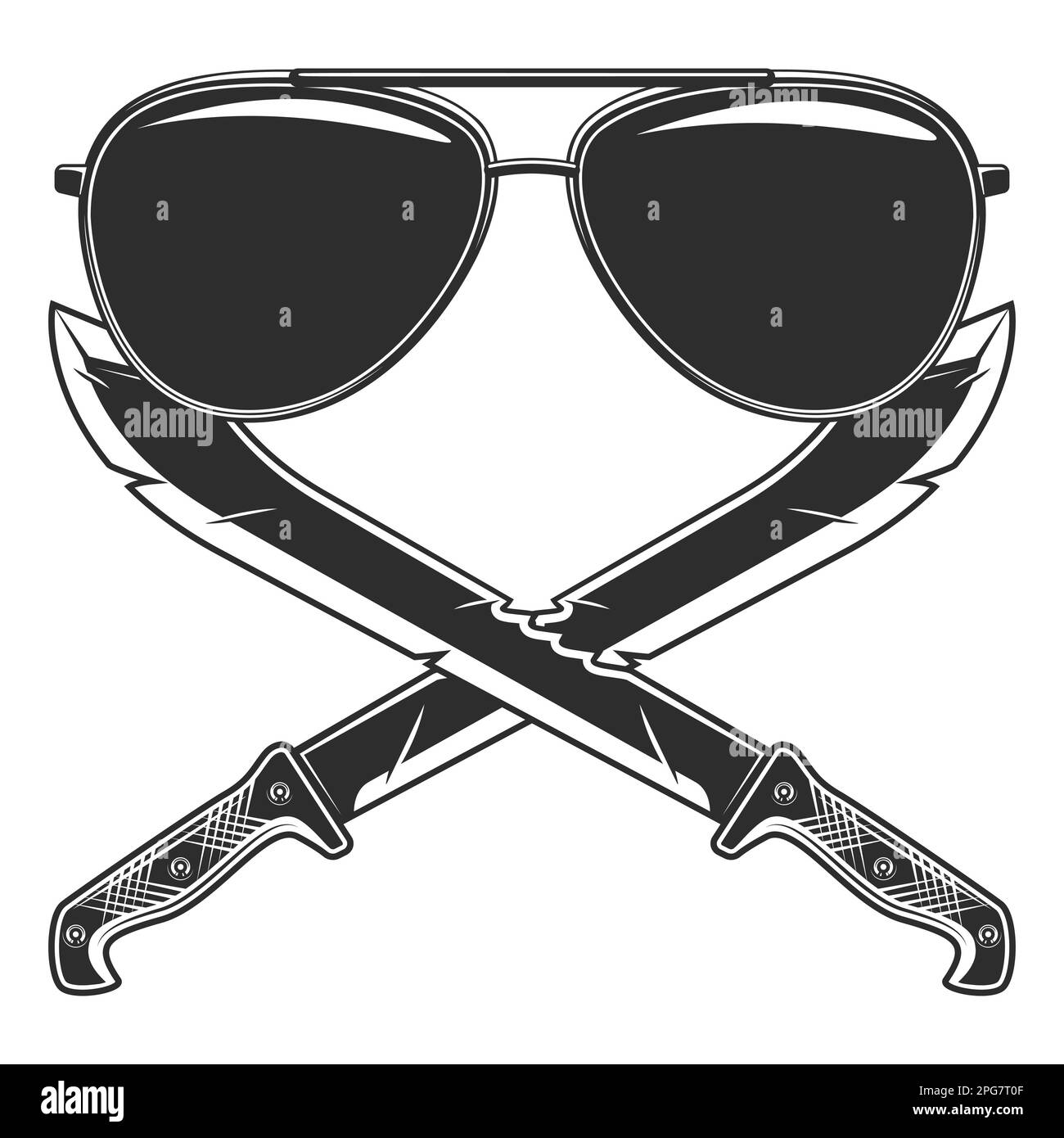 Machete with sunglasses icon, sharp knife melee weapon of hunter in