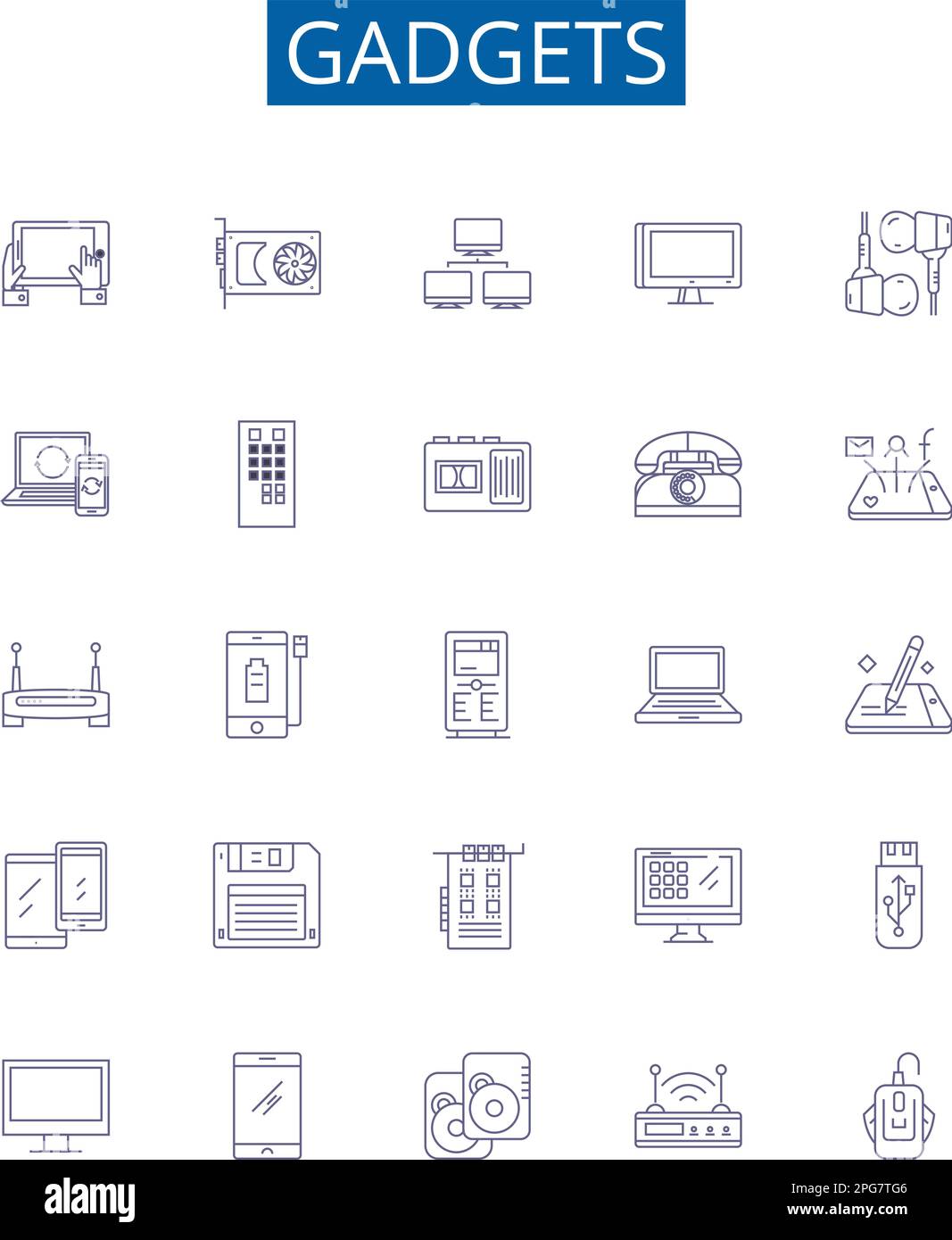 Gadgets line icons signs set. Design collection of devices, electronics, appliances, tools, technology, toys, iPhones, computers outline concept Stock Vector