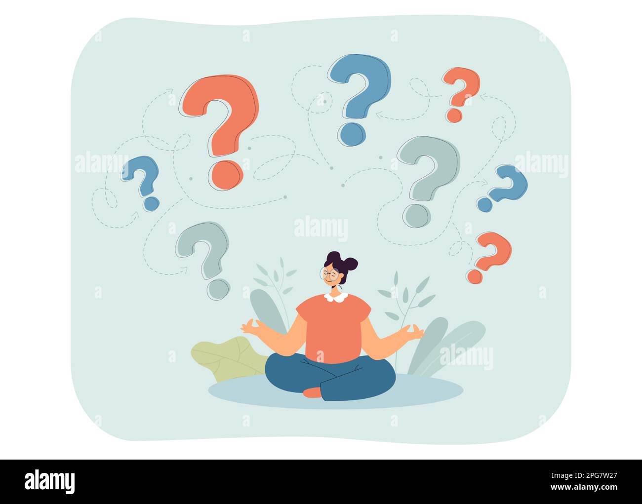 Girl sitting in lotus pose with question marks under her Stock Vector