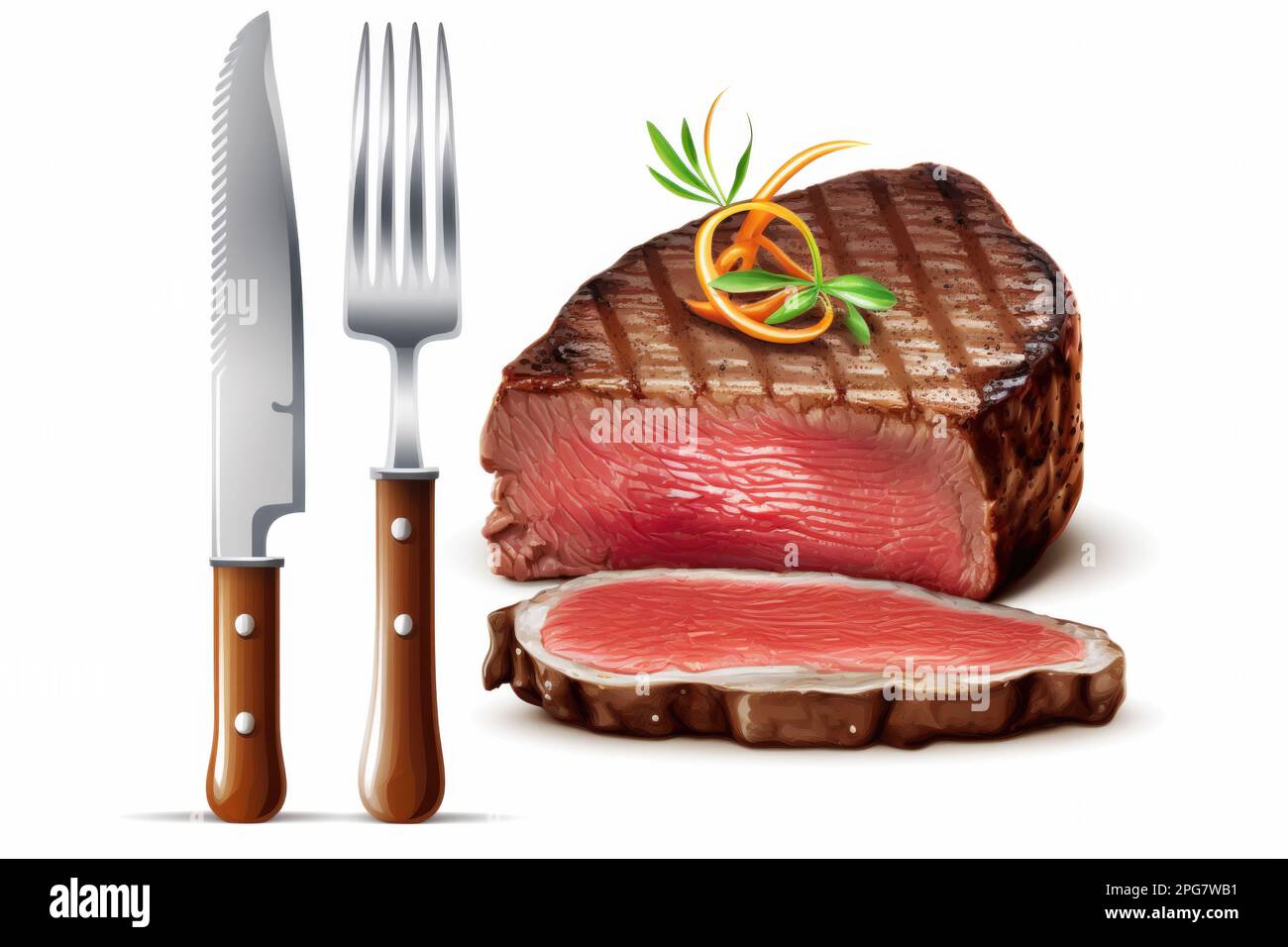Illustration of a roasted meat steak with fork and knife isolated on