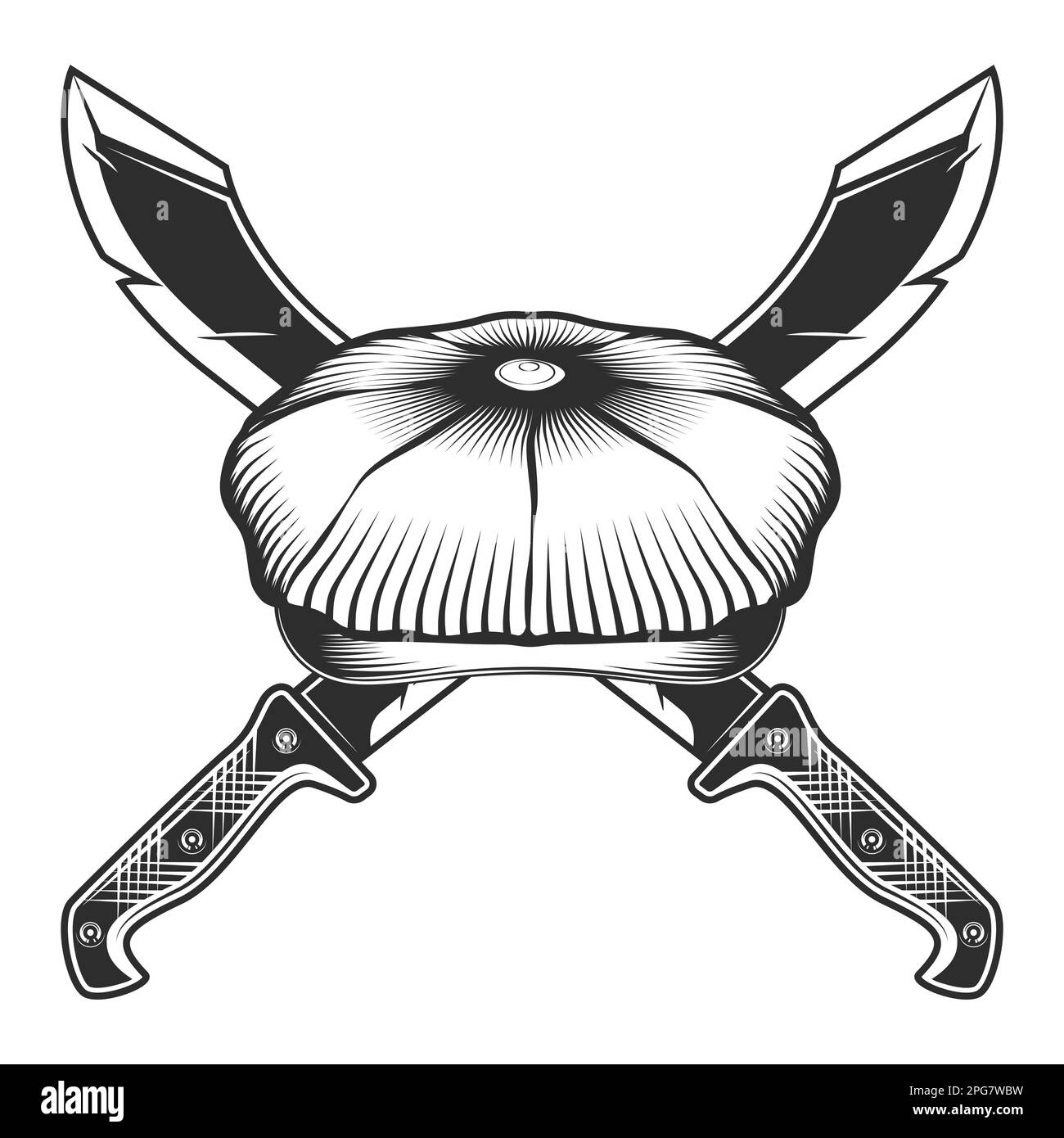 Machete with flat cap icon, sharp knife melee weapon of hunter in