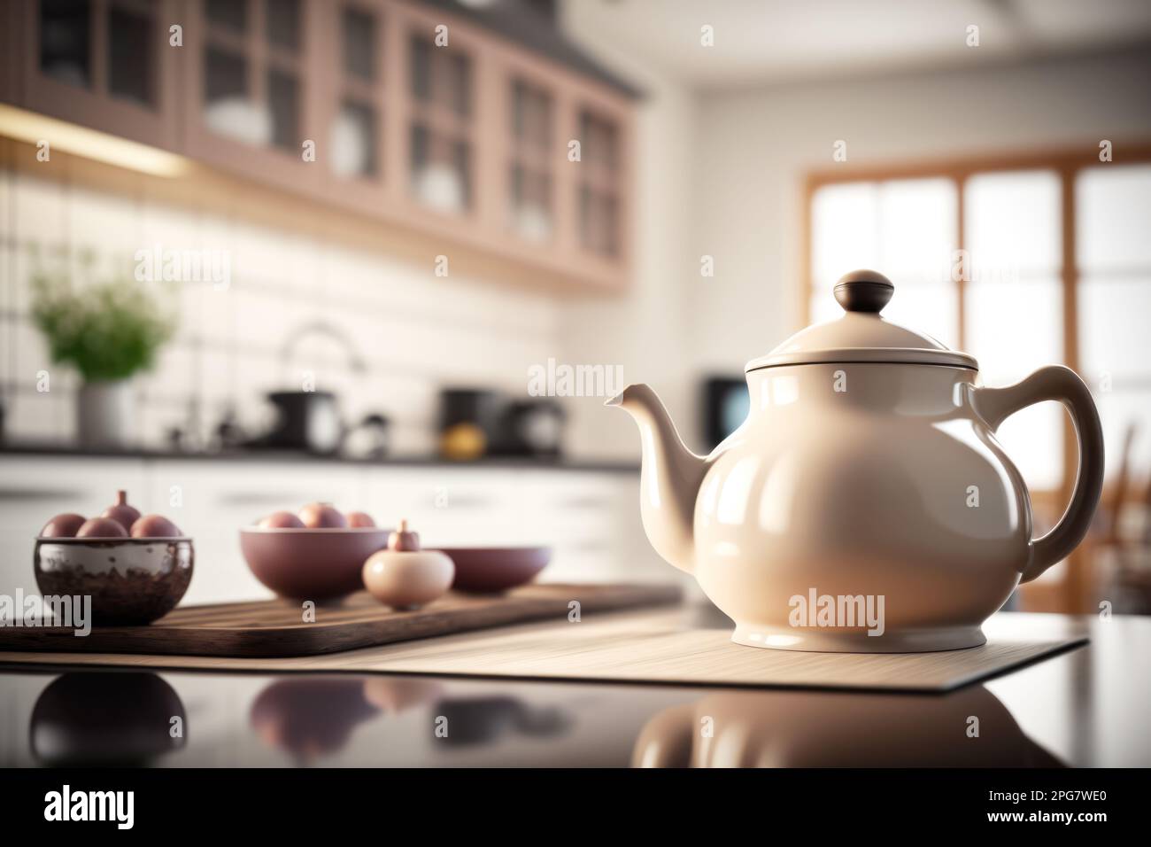 perfect kitchen accessory, a classic ceramic tea kettle sits atop the