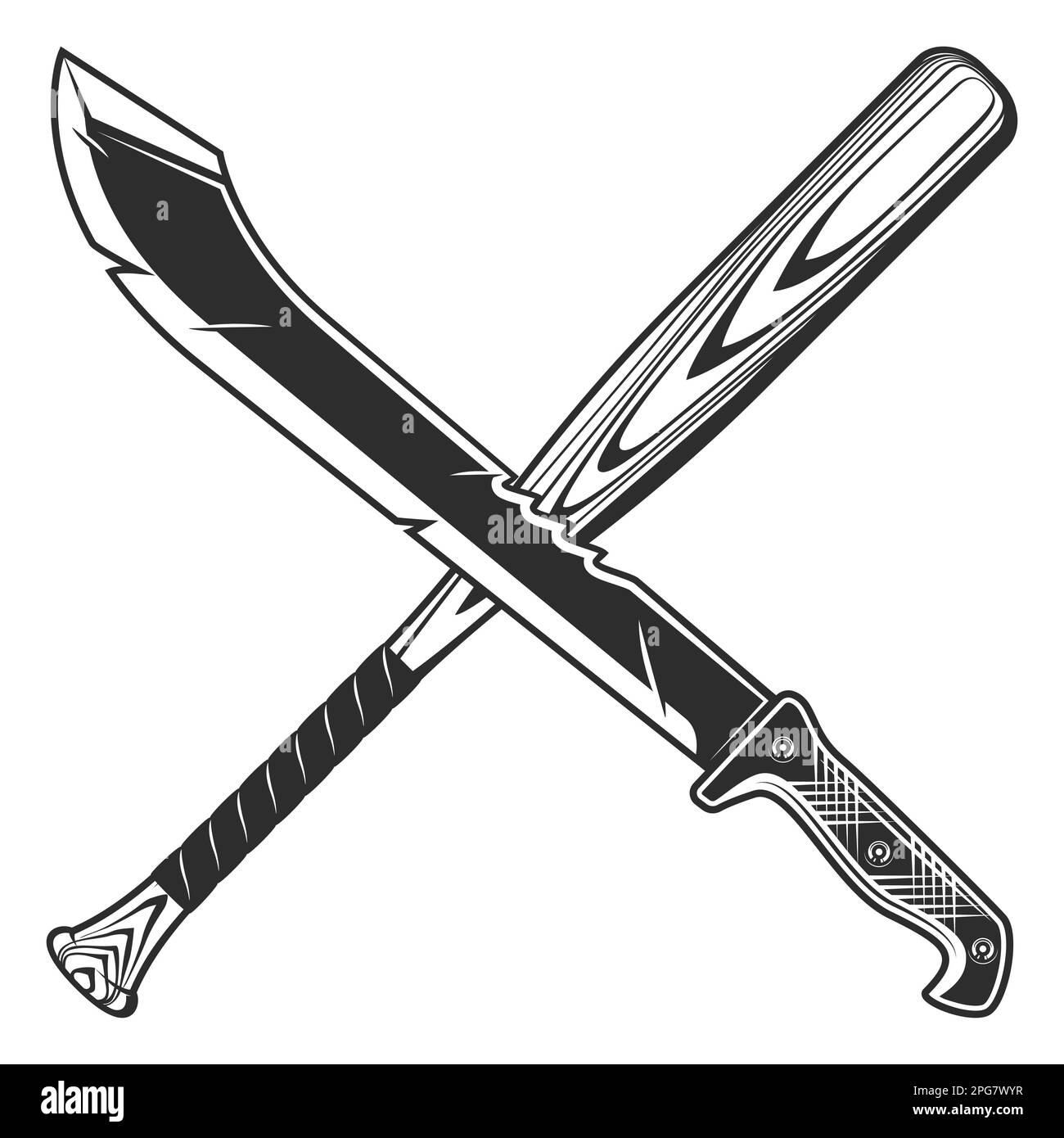 Crossed machete with baseball bat icon, sharp knife melee weapon of