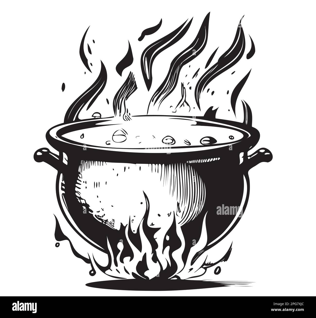 Witch cauldron on fire hand drawn sketch Halloween illustration Stock