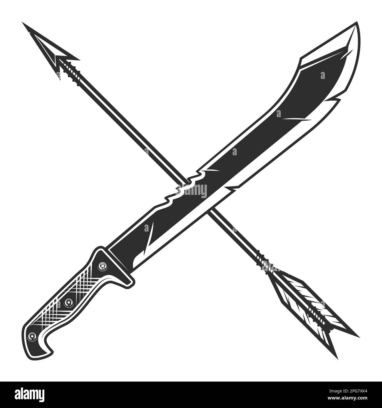 Machete knife with arrow icon, melee weapon of hunter in jungle. Black