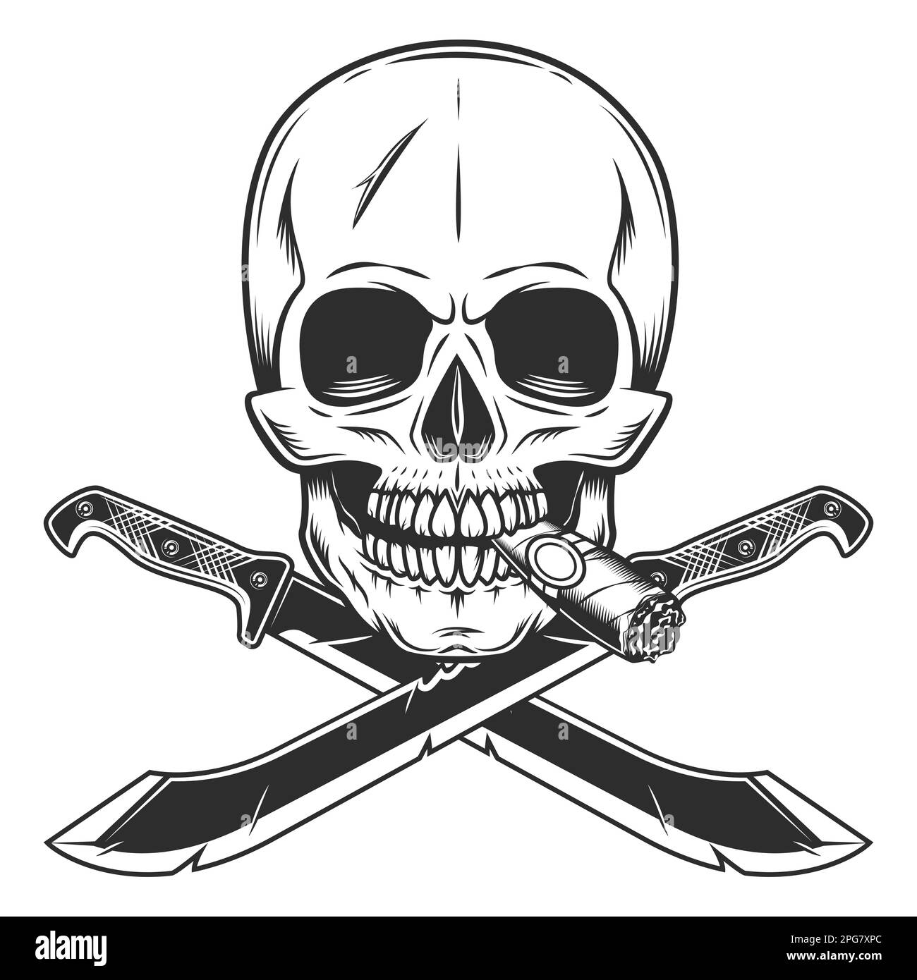 Skull smoking cigar or cigarette and machete sharp knife melee weapon