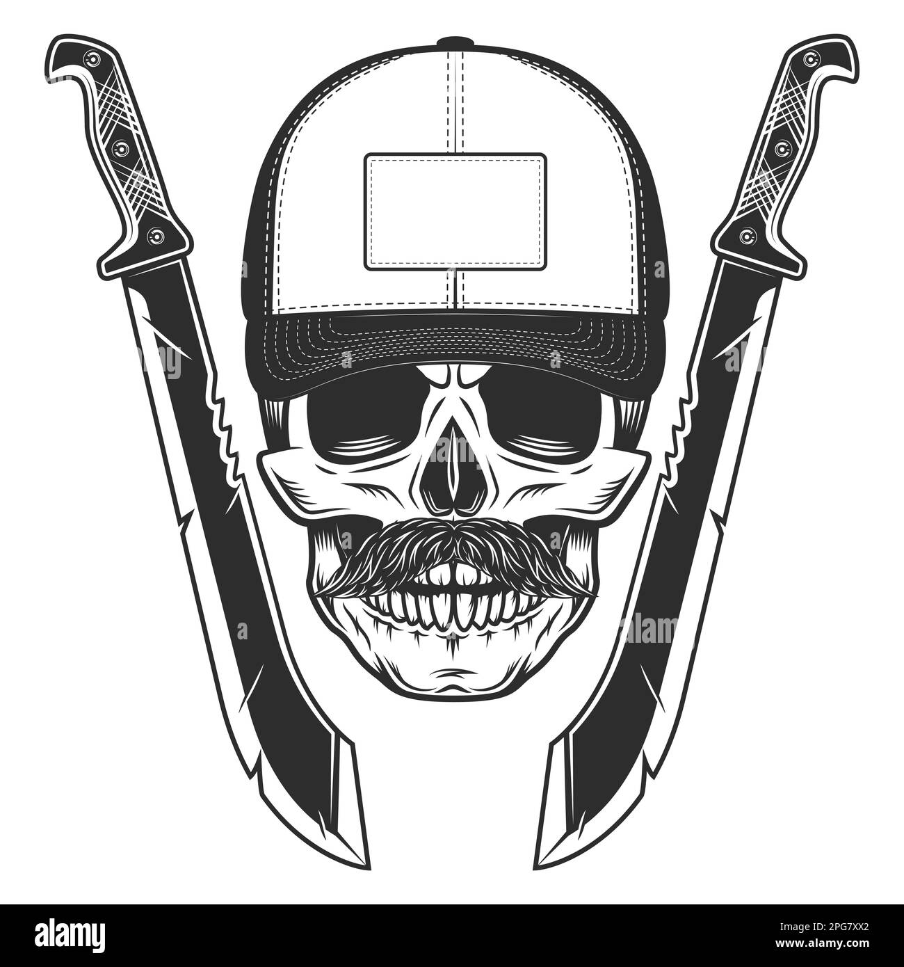 Skull in baseball cap and mustache with machete sharp knife melee
