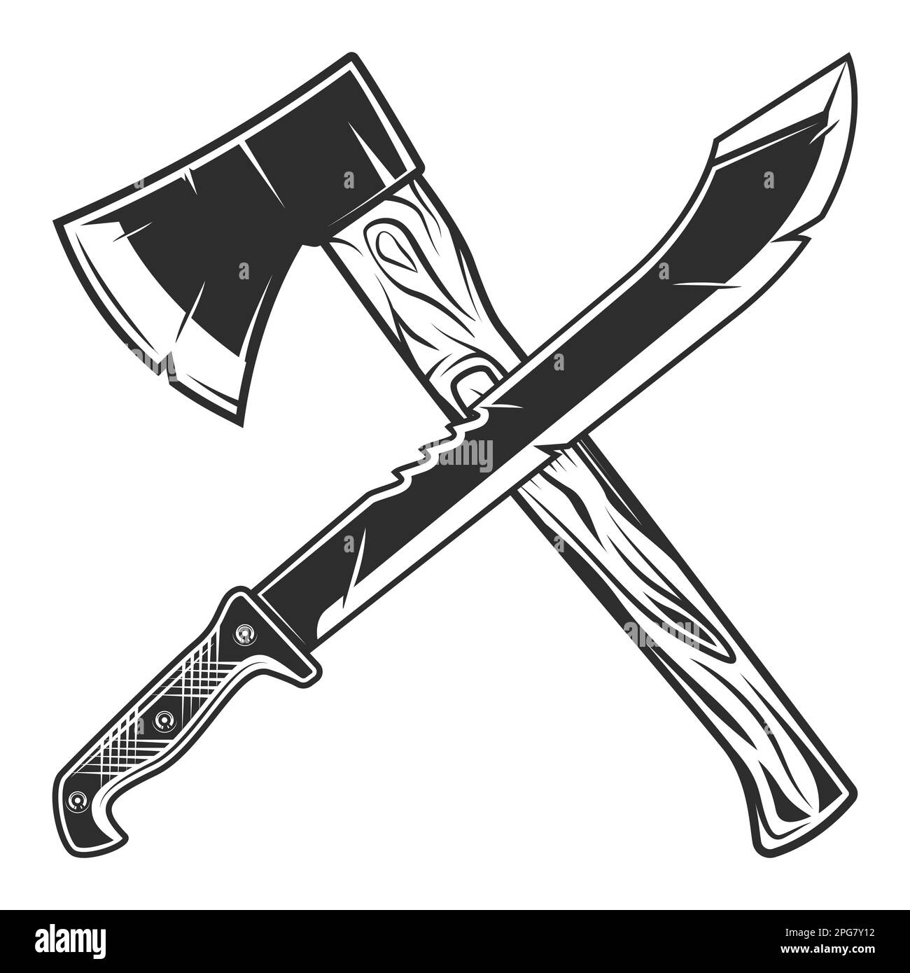 Machete with construction lumberjack axe icon. Sharp knife melee weapon