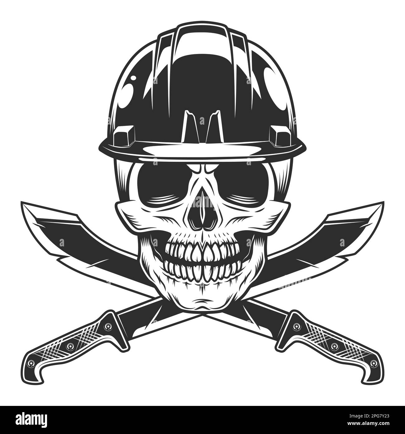 Skull in construction hard hat helmet and machete sharp knife melee