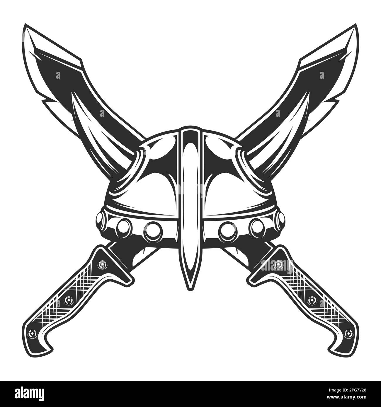 Machete with horned viking helmet icon, sharp knife melee weapon of