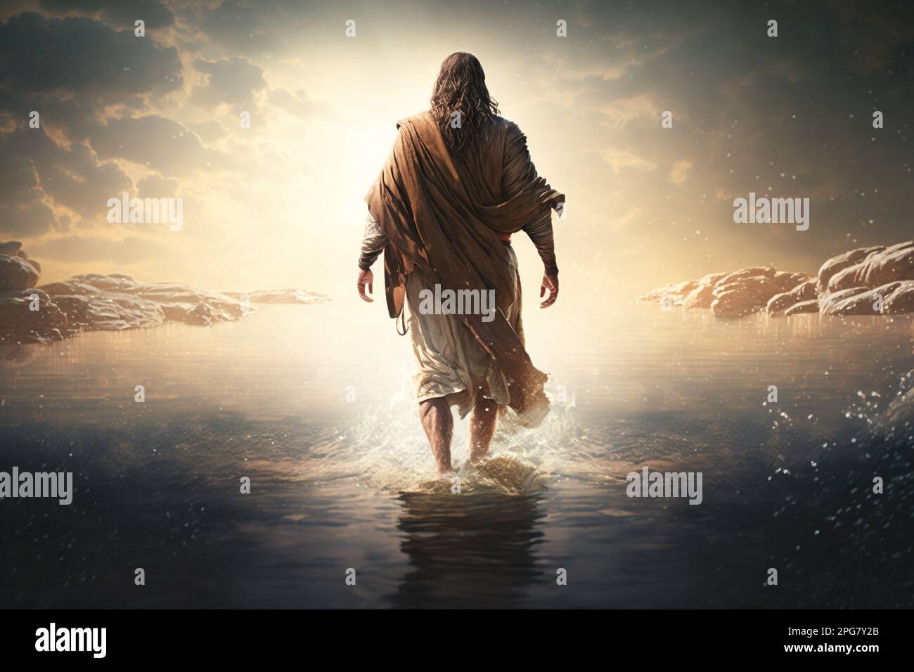 Jesus Christ walks on water. Religious concept . Bible. Faith. Drawing