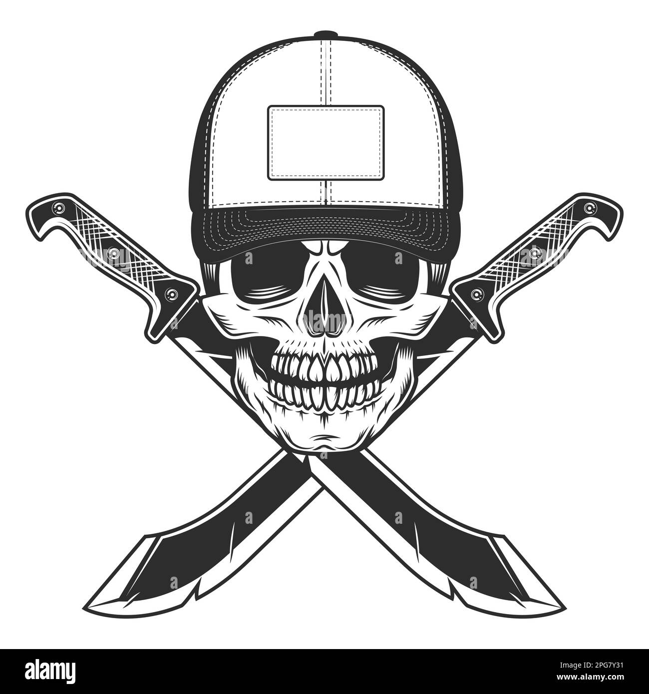 Skull in baseball cap and machete sharp knife melee weapon of hunter in