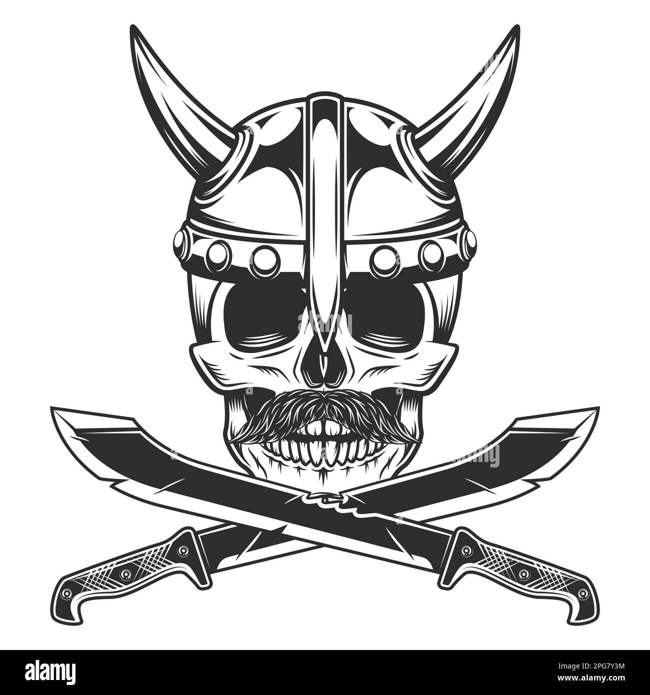 Viking skull in horned helmet and mustache with crossed machete sharp