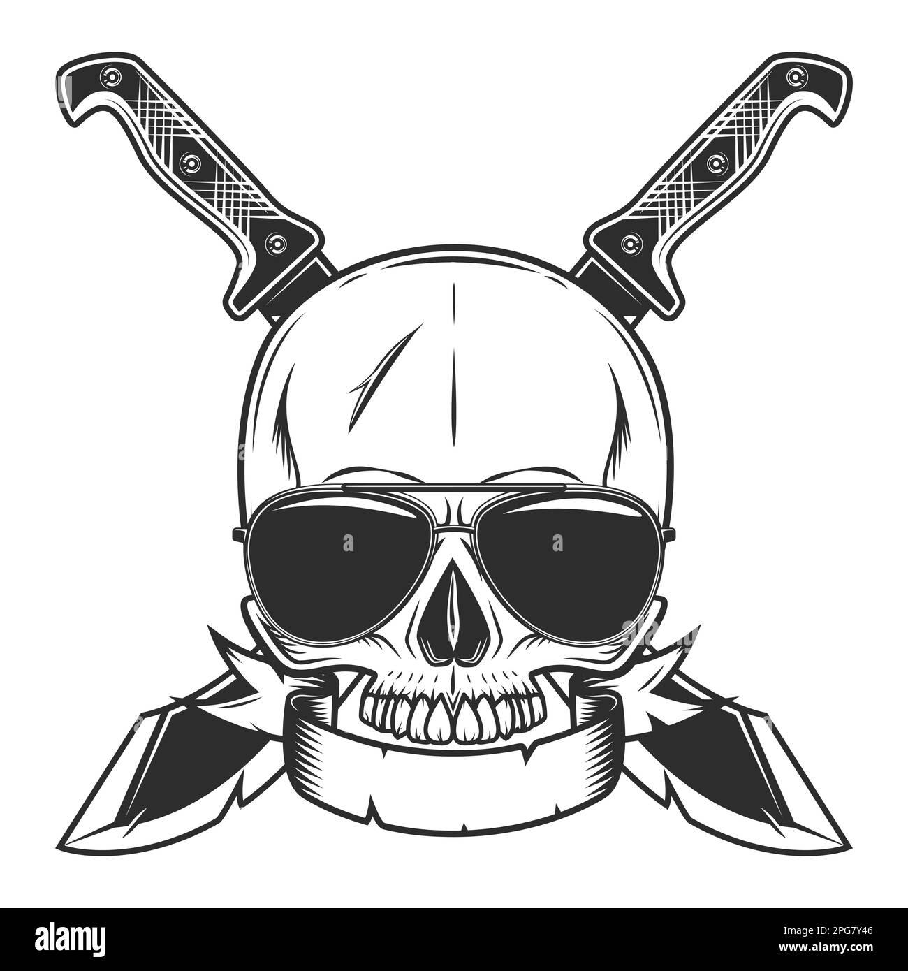 Skull without jaw in sunglasses with crossed machete sharp knife and ...