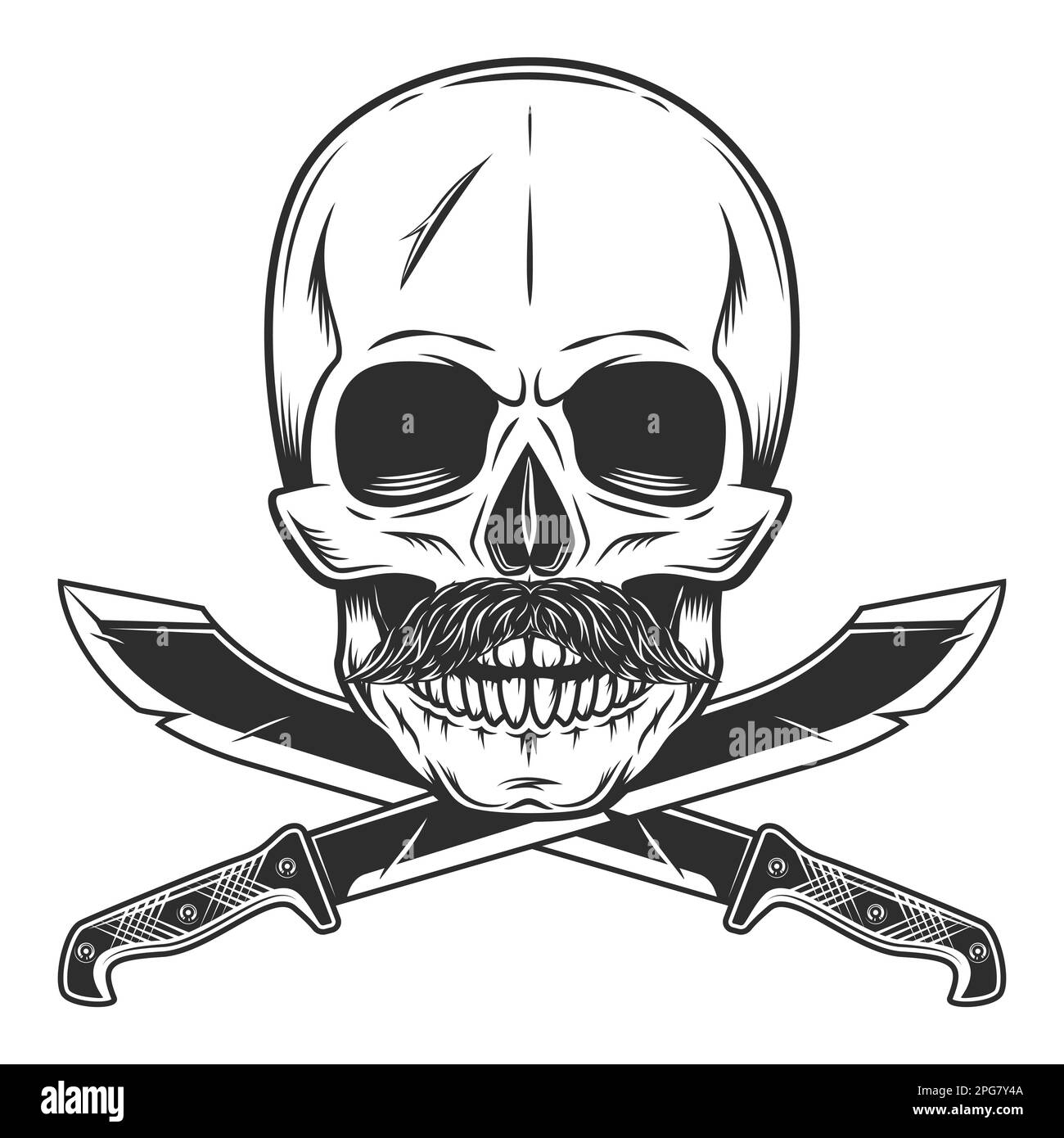 Skull and mustache with crossed machete sharp knife melee weapon of