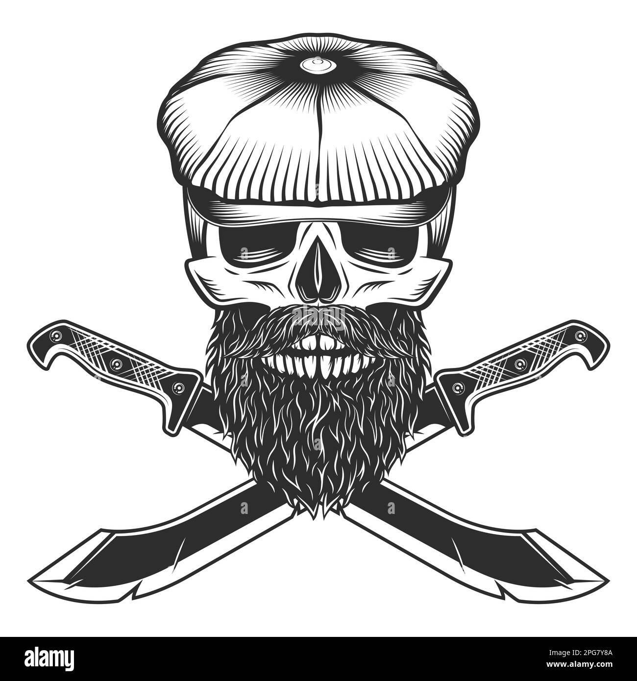 Skull in flat cap and beard and mustache with crossed machete sharp ...