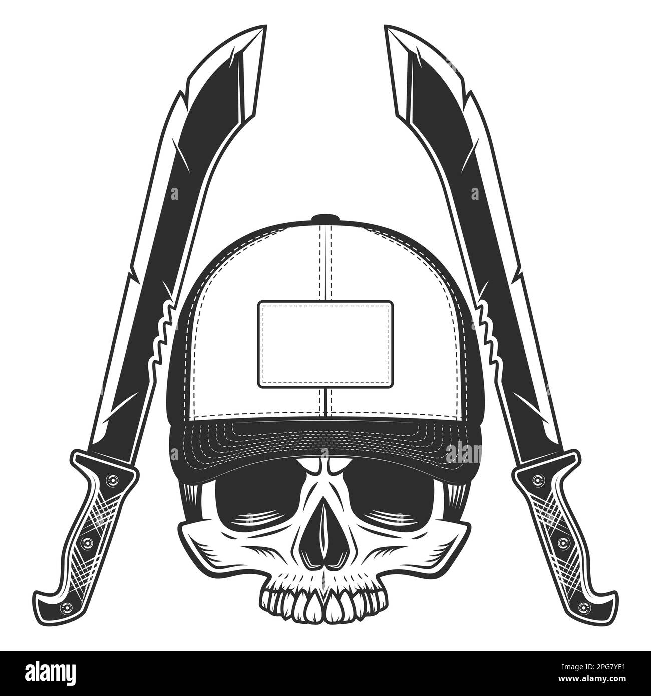 Skull without jaw in baseball cap with machete sharp knife melee weapon