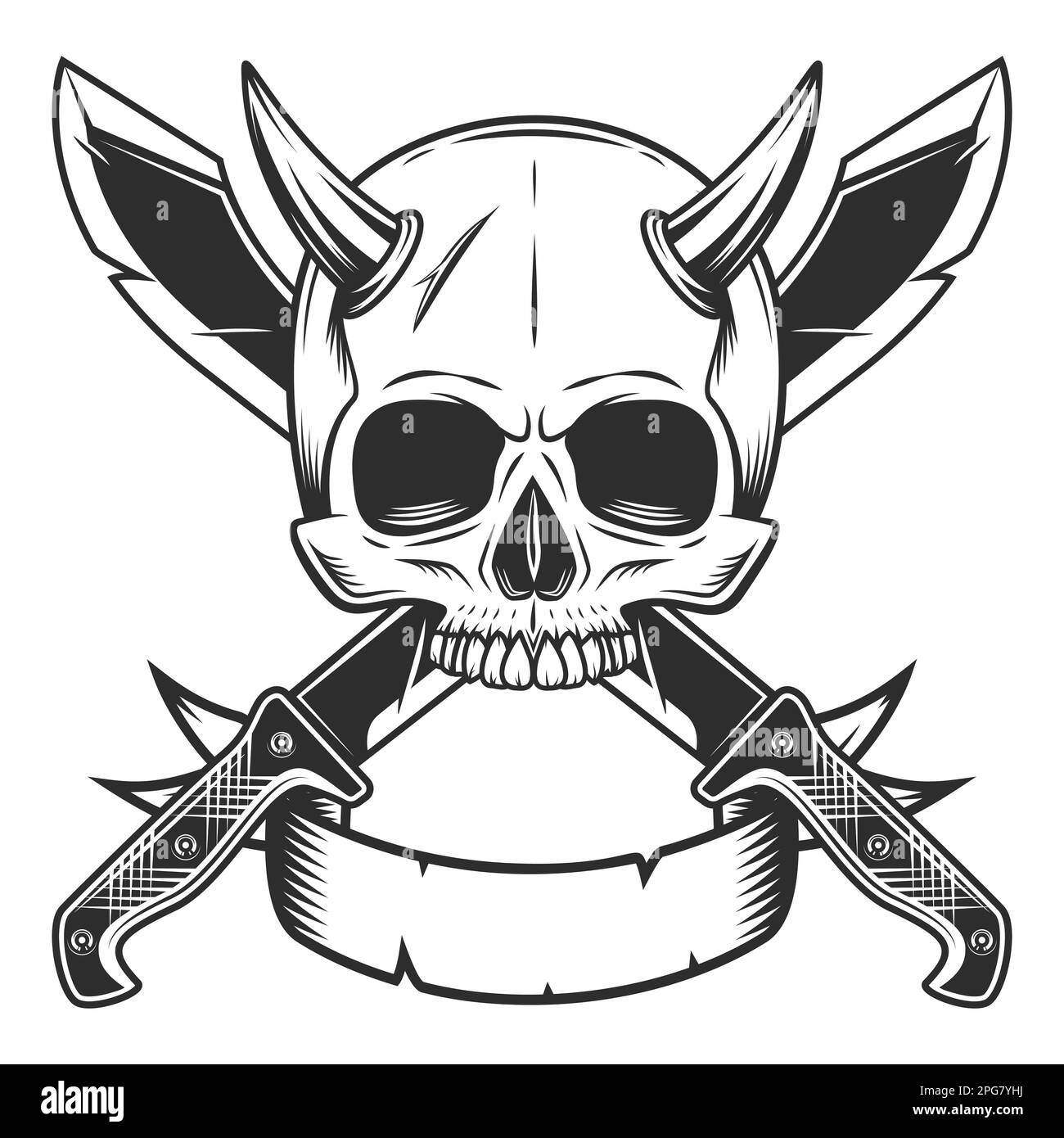 Skull with horn without jaw and crossed machete sharp knife with ribbon