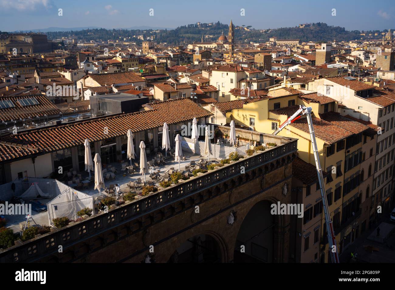 Restoration work taking place, after water damage to the ceiling of the Loggia della Signoria in Florence - meaning the roof terrace was closed . Stock Photo