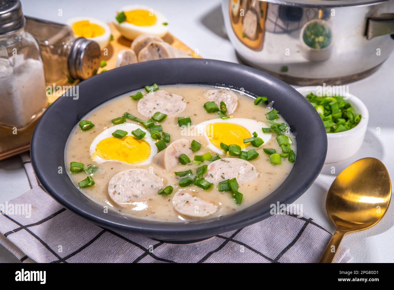 White Eastern European borscht. Traditional Polish white soup Zurek