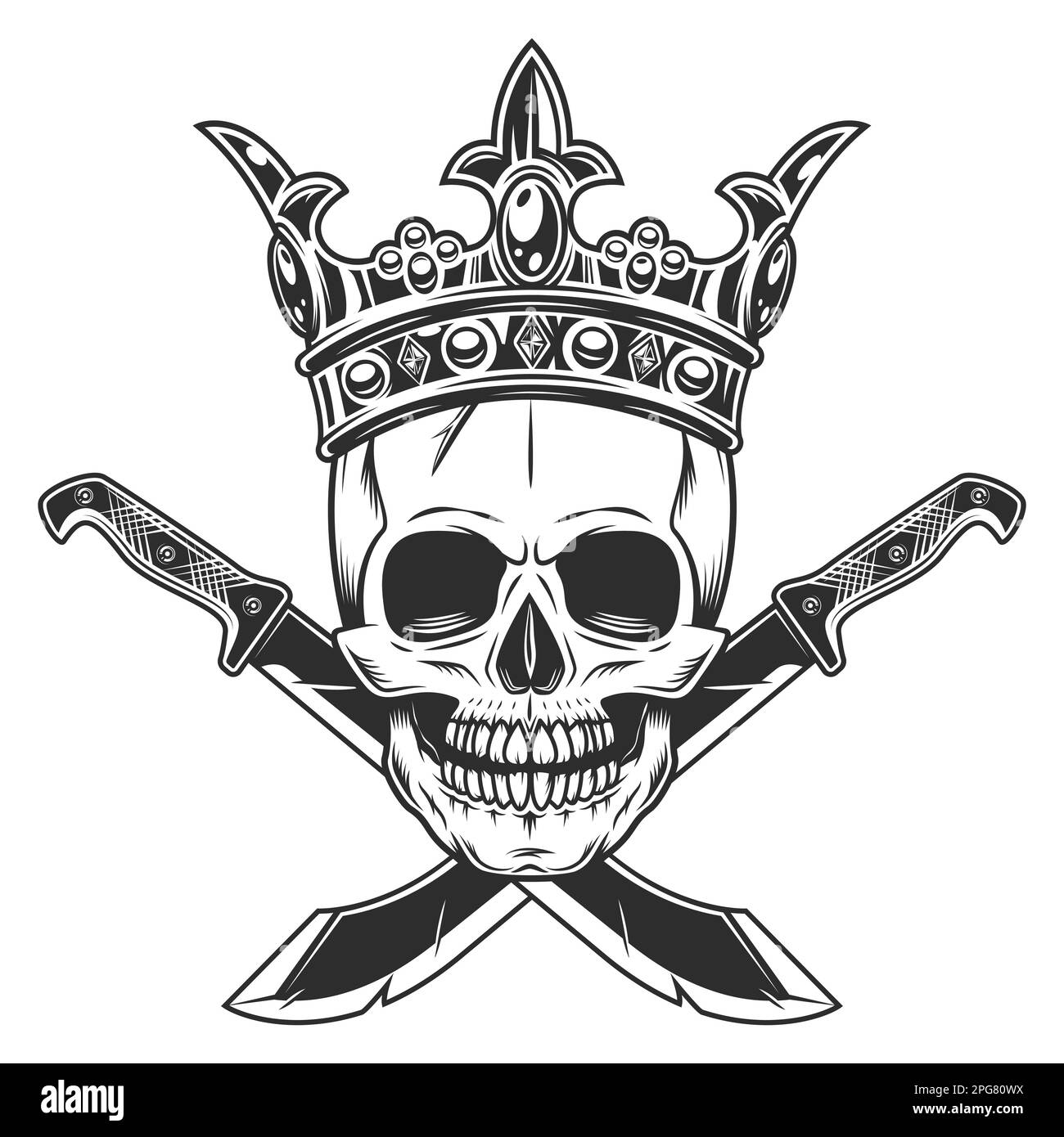 King skull in crown and machete sharp knife melee weapon of hunter in
