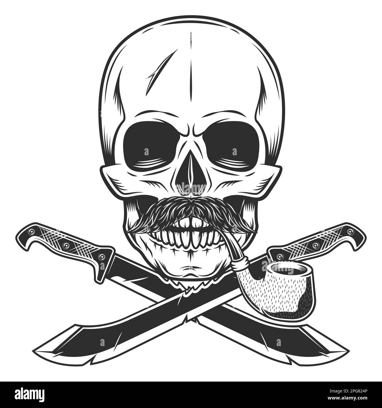 Skull smoking pipe and mustache with crossed machete sharp knife and