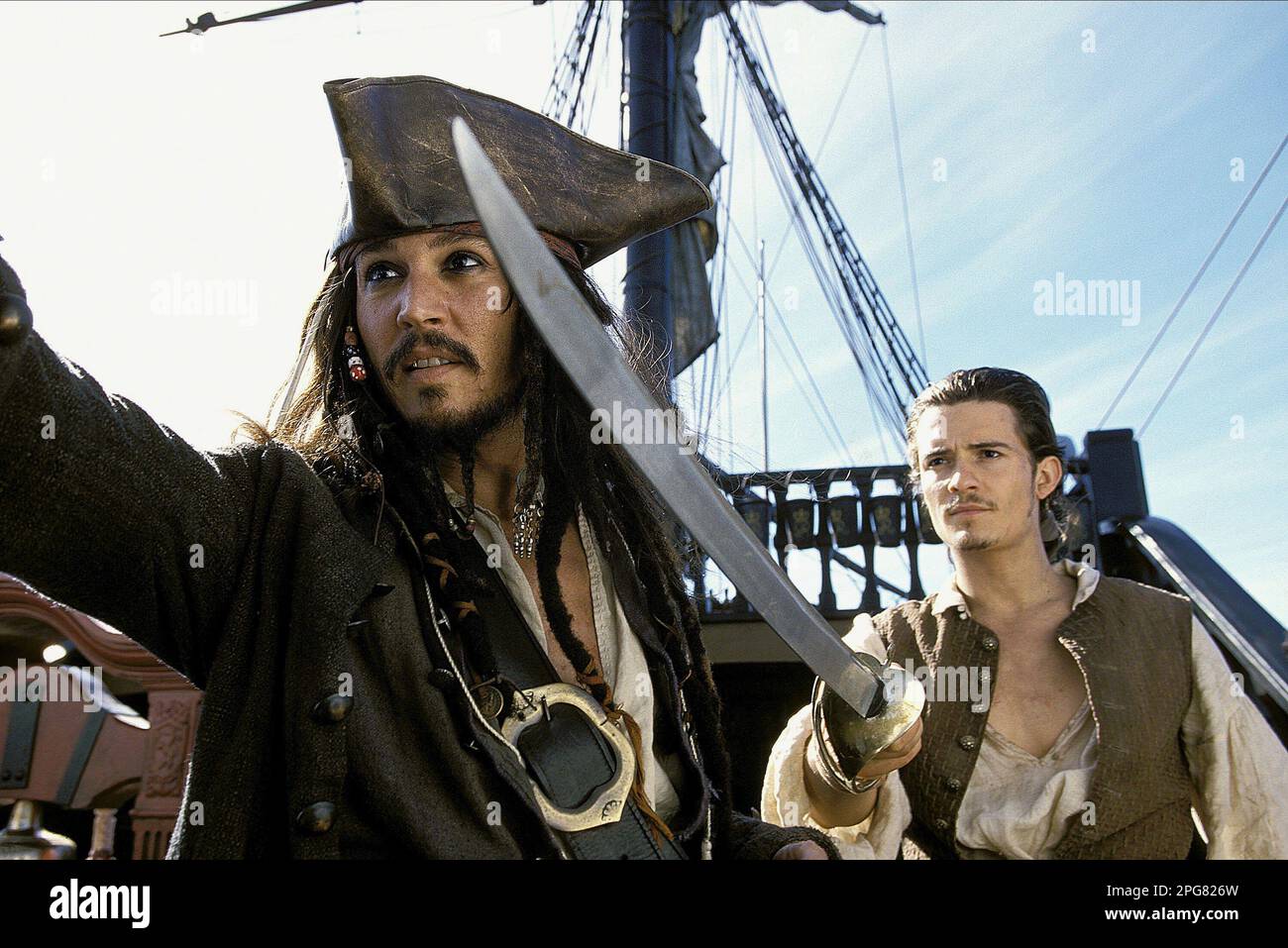 Pirates of the Caribbean 2003  Johnny Depp & Orlando Bloom Stock Photo