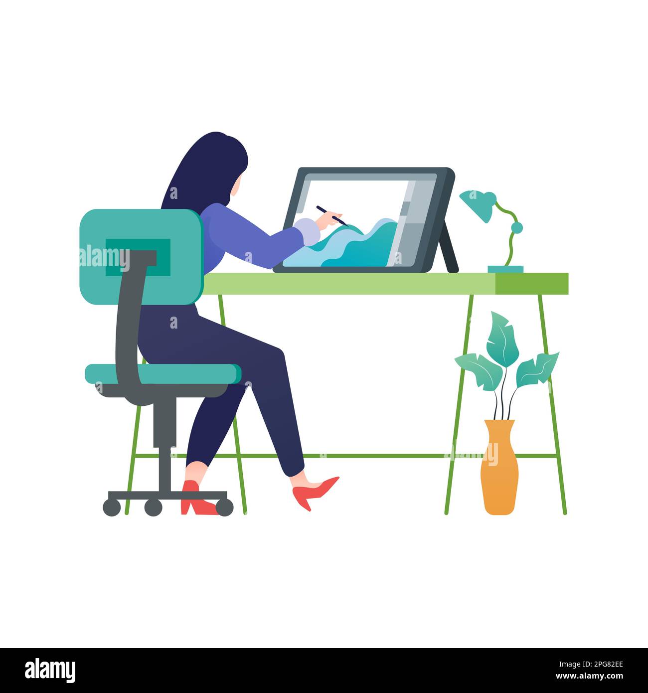 Young woman sitting at the desk and working on laptop vector Illustration Stock Vector