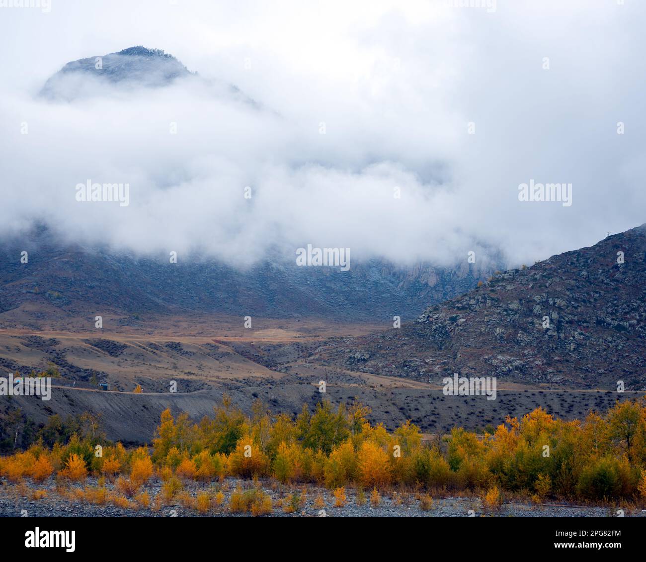 Morning fog in the Altai mountains with the Katun river and the road. Stock Photo