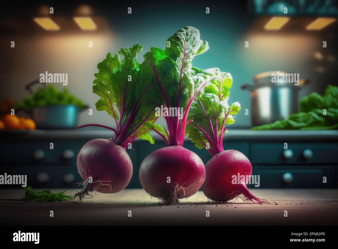 Three beetroots in the kitchen. A good source of folate, which is