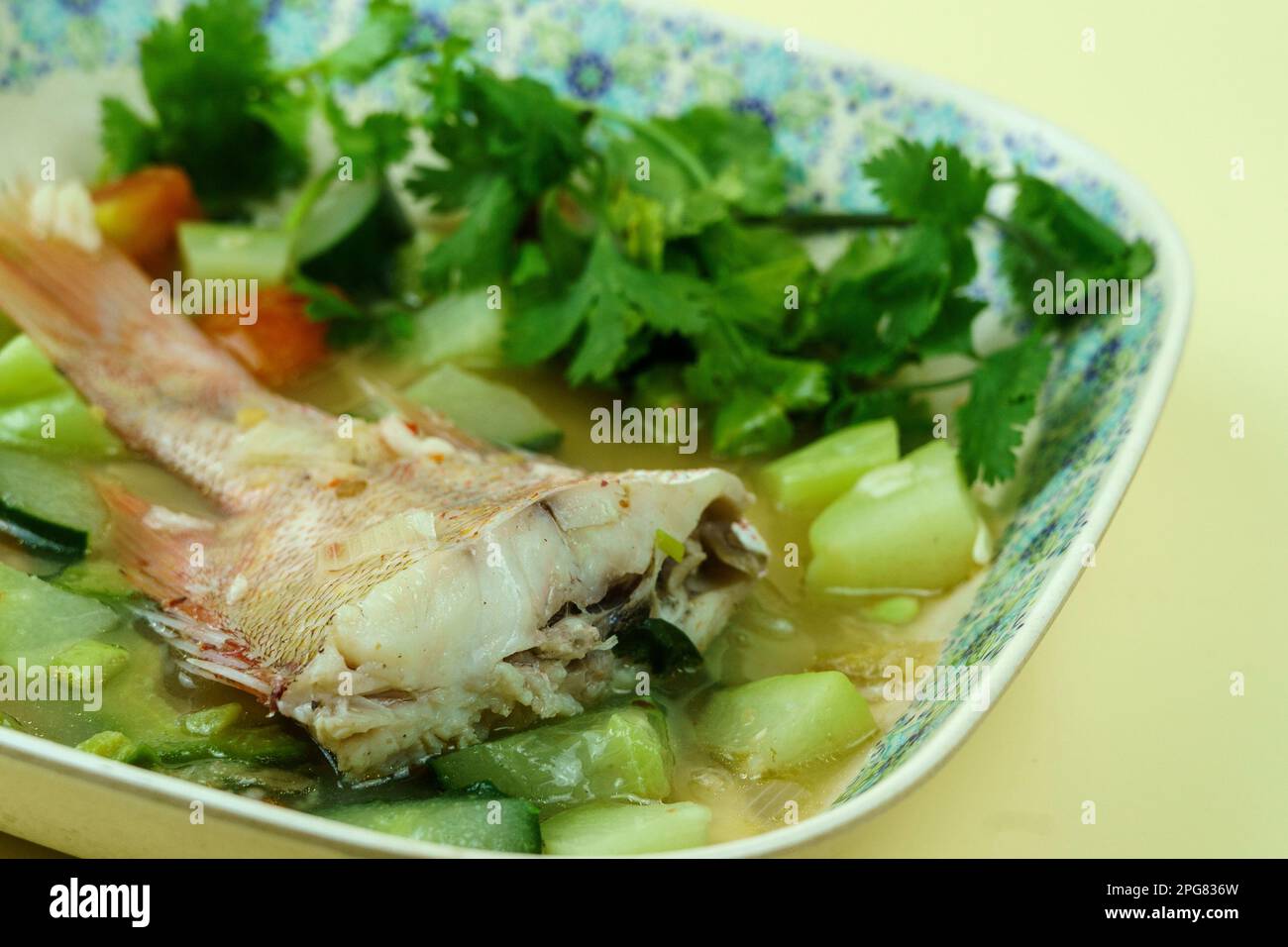 Red snapper soup with bitter melon, cucumber and chayote and varied herbs served in plate. Shot in studio. Stock Photo